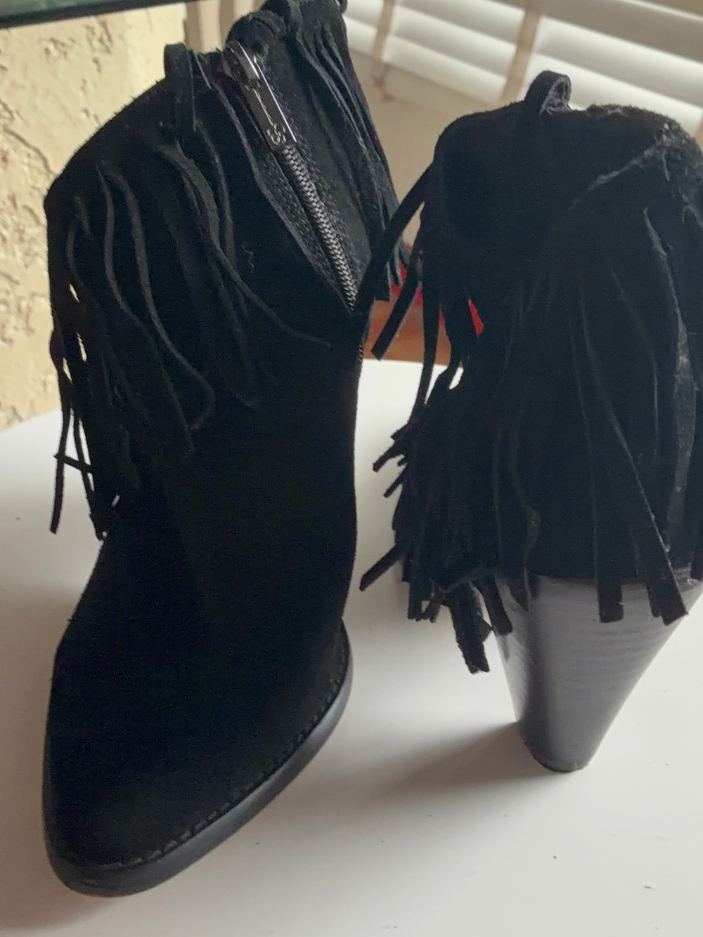 Black Fringe Suede Ankle Boots - Women's Fashion Boots - Picture 3 of 6